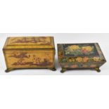 An unusual 19th century Regency period yellow lacquer and gilt chinoiserie decorated tea caddy of