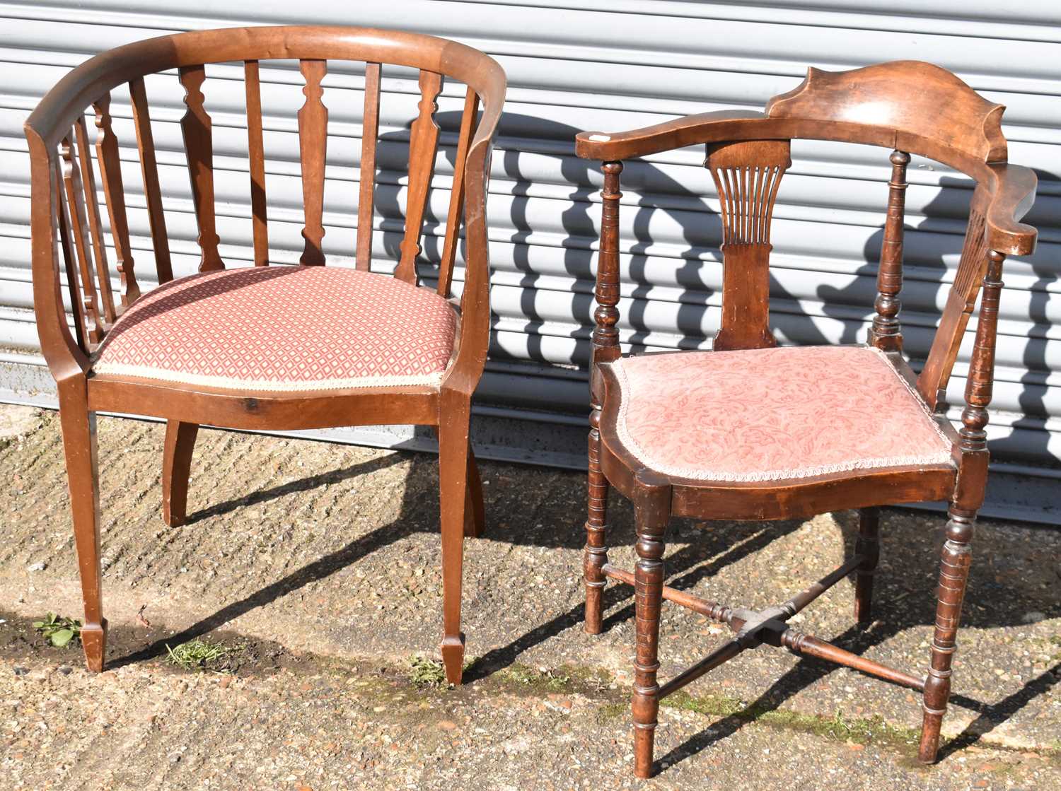 Two early 20th century mahogany upholstered corner chairs (2).