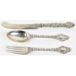 FRANCIS HIGGINS II; a Victorian hallmarked silver set of fork, spoons and knife, London 1848, approx