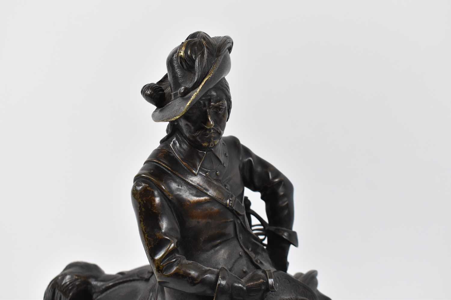 A bronze figure of a cavalier on horseback, indistinctly signed to underside of base, height 38cm, - Image 2 of 4