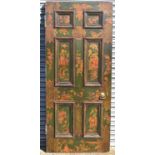 A green painted chinoiserie decorated door of impressive proportions, height 209cm, width 91cm,