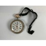 ROSKOPF; a white metal and 14ct gold cased open faced pocket watch set, the white enamel dial set