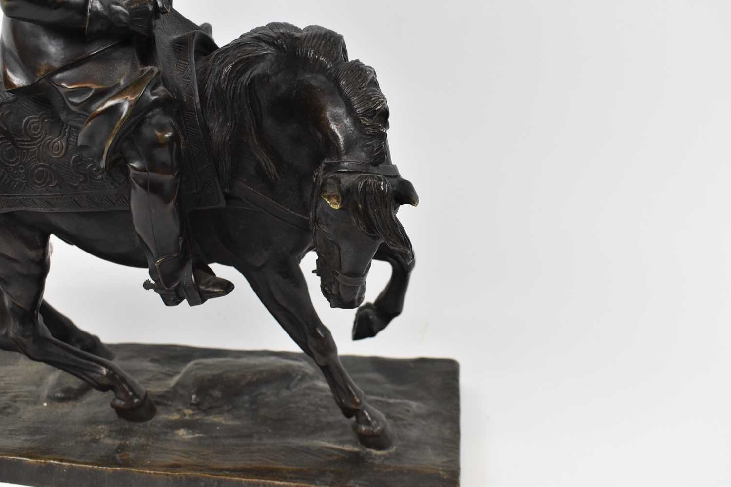 A bronze figure of a cavalier on horseback, indistinctly signed to underside of base, height 38cm, - Image 3 of 4