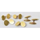 Three pairs of yellow gold cufflinks, one stamped 9ct, one stamped 15ct, and one stamped 18ct,