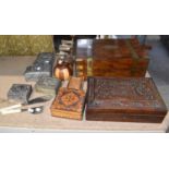A collection of boxes, including a burr walnut writing slope with brass banding and corners, a