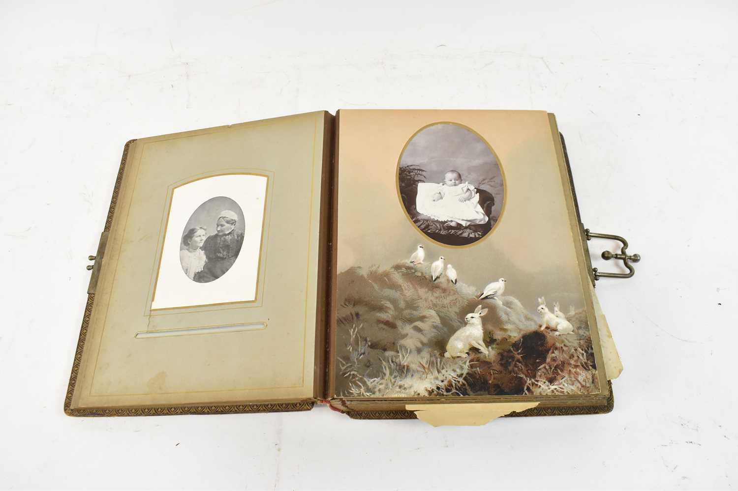 A Victorian leather bound photograph album with contents. - Image 2 of 4