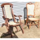 A folding steamer chair with canework back and seat, and a canework nursing chair (2)