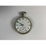 LONGINES; a open face pocket watch with white enamel dial set with Arabic numerals and subsidiary