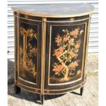 A reproduction black lacquer and gilt chinoiserie decorated demi-lune cabinet, width 88cm, depth