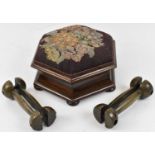 A Victorian mahogany hexagonal sewing box on bun feet with needlepoint top and contents plus a