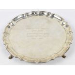 BARKER BROTHERS LTD; a George V hallmarked silver salver with presentation inscription, Chester