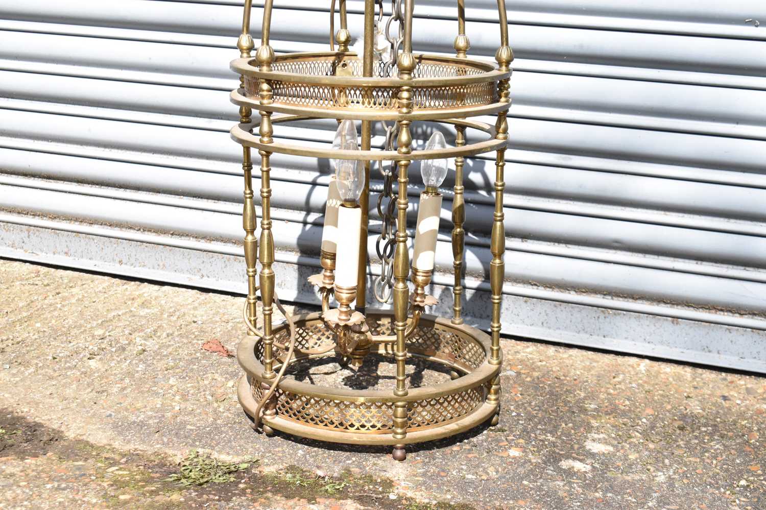 A large heavy gilt brass three branch lantern of circular form, height approx 65cm, diameter 36cm. - Image 2 of 2