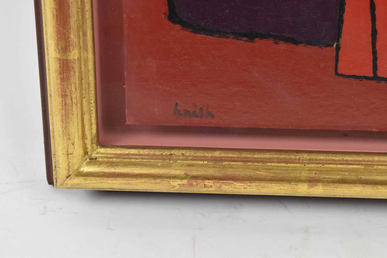 † PETER HAIGH (1914-1994); oil on canvas laid onto board, 'Red Abstract', inscribed verso and with - Image 2 of 3