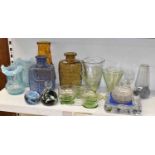 A quantity of glassware including Whitefriars style vases, a badger paperweight, fruit bowls,