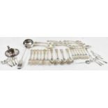 A small quantity of silver plated flatware including ladle, forks, spoons, etc.