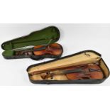 A full size violin for restoration, cased with two bows back measuring 36.5 cms, and a German