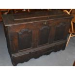 A Georgian three panel coffer with three drawers and hinged lid, height 90cm, width 142cm, depth