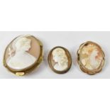 A 9ct yellow gold framed oval cameo brooch and two further examples set in yellow metal (3).