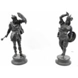 A pair of late 19th century spelter figures of warriors, height of tallest 47cm.