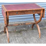 A reproduction two drawer sofa table with leather insert top, width 90cm.