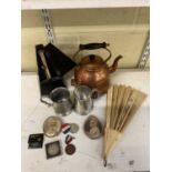A mixed lot including a metranome, a brass electric kettle, two tankards, a vintage hand painted