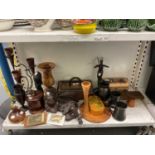 A mixed lot of predominantly wood and metalware including two similar metal epergne stands, a wooden