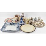 A group of assorted ceramics including Wedgwood jug, meat plates, tankards, jugs, etc.