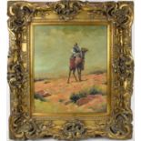 UNATTRIBUTED; a large modern decorative oil on canvas study of a man on a camel, 60 x 50cm, in