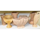 SYLVAC; seven pieces of dark cream glazed pottery comprising three jugs, three vases, etc.
