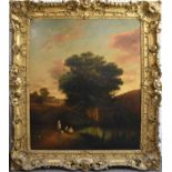 UNATTRIBUTED; a very large 19th century oil on canvas, rural scene with figures fishing in a lake,