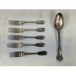 A set of five Victorian hallmarked silver side forks, and a Victorian London hallmarked tablespoon