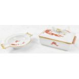 MEISSEN; a dragon decorated cigarette box with cover, width 14cm, and the matching ashtray (2).