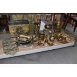 A large quantity of brass and other metalwares including small miner's lamp, silver plated trays,