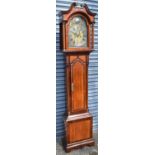 A 19th century mahogany and satinwood inlaid eight day longcase clock, the arched brass dial