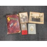 A small group of ephemera including 19th century photographs and a scrap book including postcards