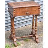 A late 19th century French walnut sewing table with rectangular top above two drawers on turned