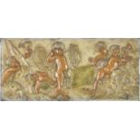 A late 19th century rectangular panel decorated with cherubs, 18 x 40cm.