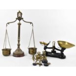 A set of Librasco scales, with brass weights, together with another set of brass scales.