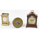 A brass cased repeating carriage clock, height 15cm, and Elliott mantel clock, and a French clock