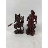 Two carved wood Oriental style figures, one of samurai on horseback, height of tallest 30cm.