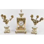 A late 19th century French white marble and gilt mounted three piece clock garniture, the eight-