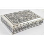 A Persian Isfahan type white metal box, the lid decorated with various birds, 14.5 x 10cm, 13.1ozt/