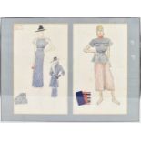 An interesting pair of fashion drawings, inset with fabric swatches, each approx 45 x 25cm, in