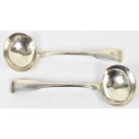 GEORGE SMITH II; a pair of George III hallmarked silver soup ladles, London 1802, 3.25ozt/101.2g.