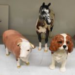 BESWICK; a horse, bull and spaniel (3).