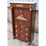 A reproduction French Empire style mahogany cocktail cabinet with marble top and gilt metal