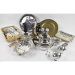 A small quantity of silver plated items, including tea service, salver, flatware, and other brass