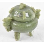 A modern Chinese green hardstone censer with cover, height 11cm.