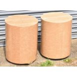 Two birdseye maple effect circular plinths, height 50cm, diameter 40cm.