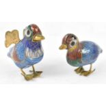 A pair of small cloisonne birds, height 4.5cm, a small dish, and a small Eastern white metal salt (